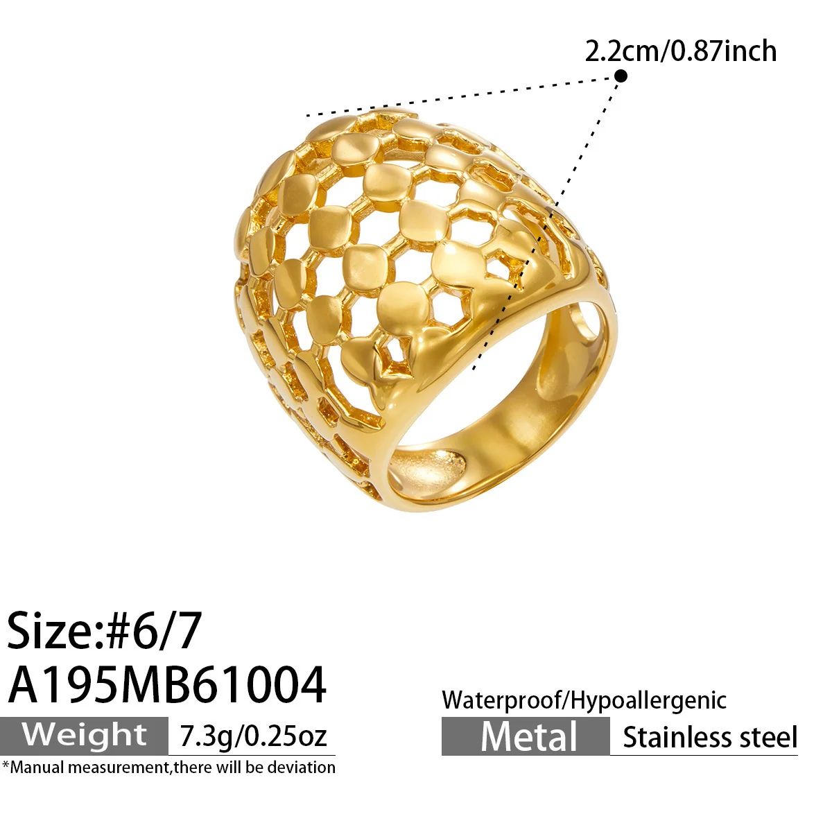 Ring Organic Openwork Brede Band Goud PVD Roestvrij Staal productfoto