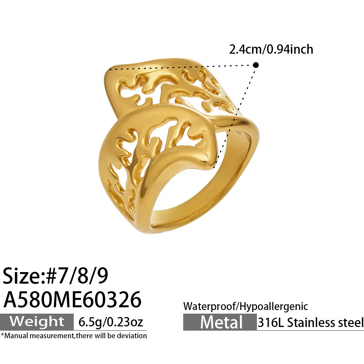 Ring Organic Openwork Brede Band Goud PVD Roestvrij Staal productfoto