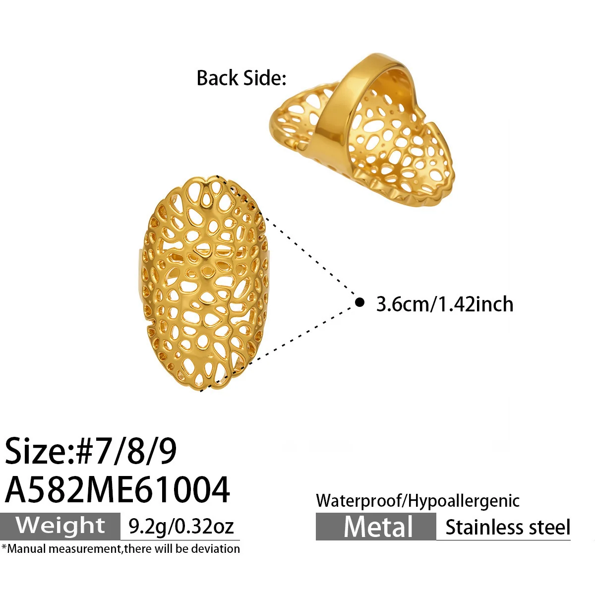 Ring Organic Openwork Brede Band Goud PVD Roestvrij Staal productfoto