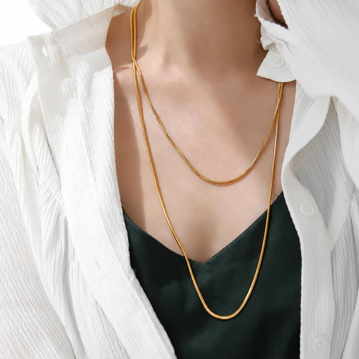 Layered Snake Chain Necklace, 120 cm 18K Gold-Plated Steel - Gold