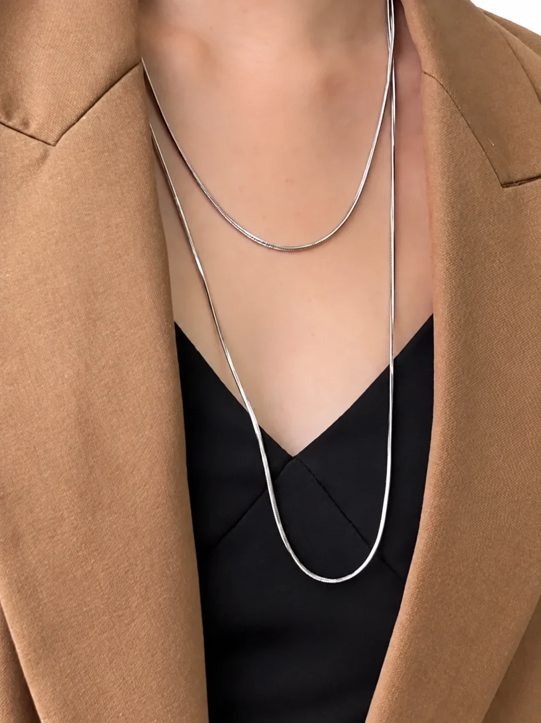 Layered Snake Chain Necklace, 120 cm 18K Gold-Plated Steel - Silver
