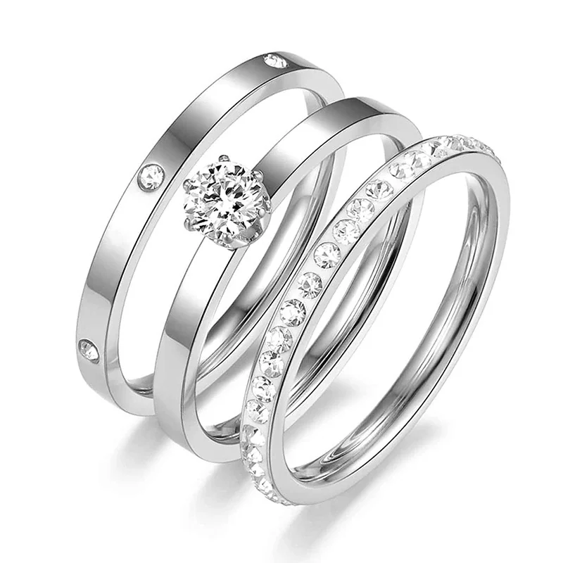 Stainless Steel Ring Set with Solitaire and Pavé Cubic Zirconia