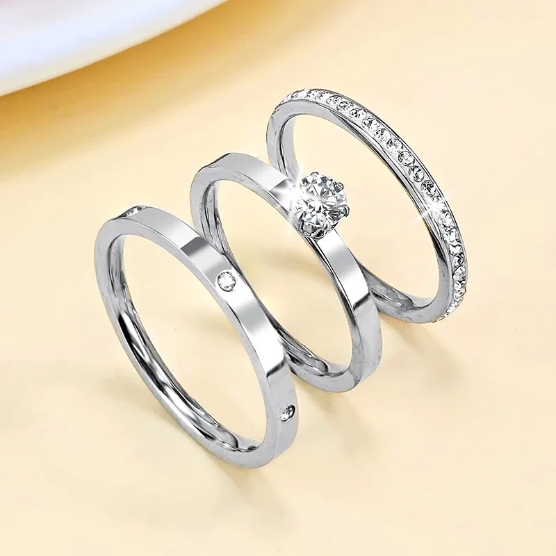 Stainless Steel Ring Set with Solitaire and Pavé Cubic Zirconia