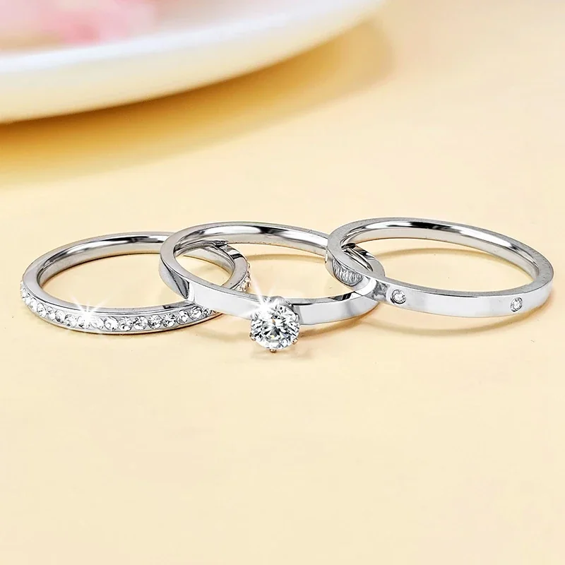 Stainless Steel Ring Set with Solitaire and Pavé Cubic Zirconia
