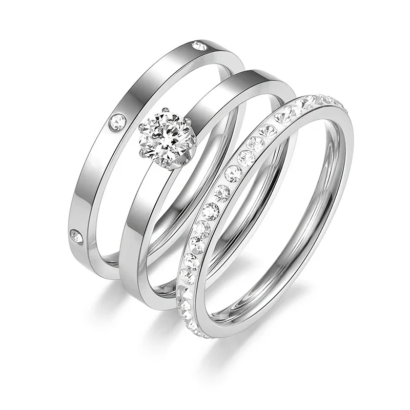 Stainless Steel Ring Set with Solitaire and Pavé Cubic Zirconia - Silver