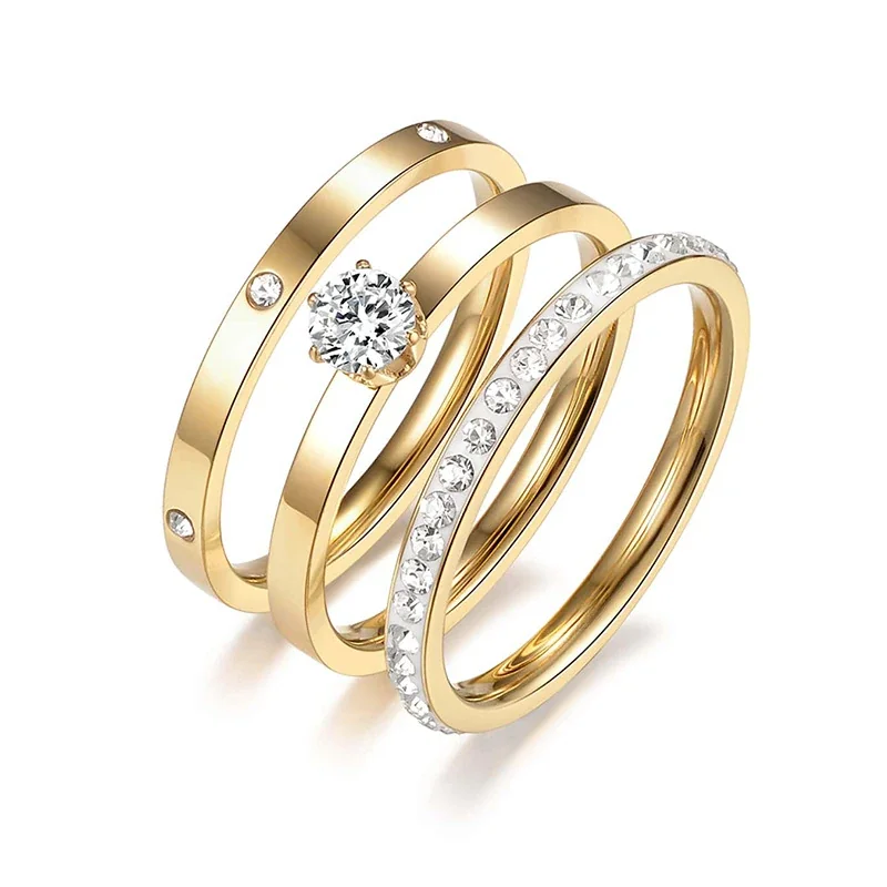 Stainless Steel Ring Set with Solitaire and Pavé Cubic Zirconia - Gold