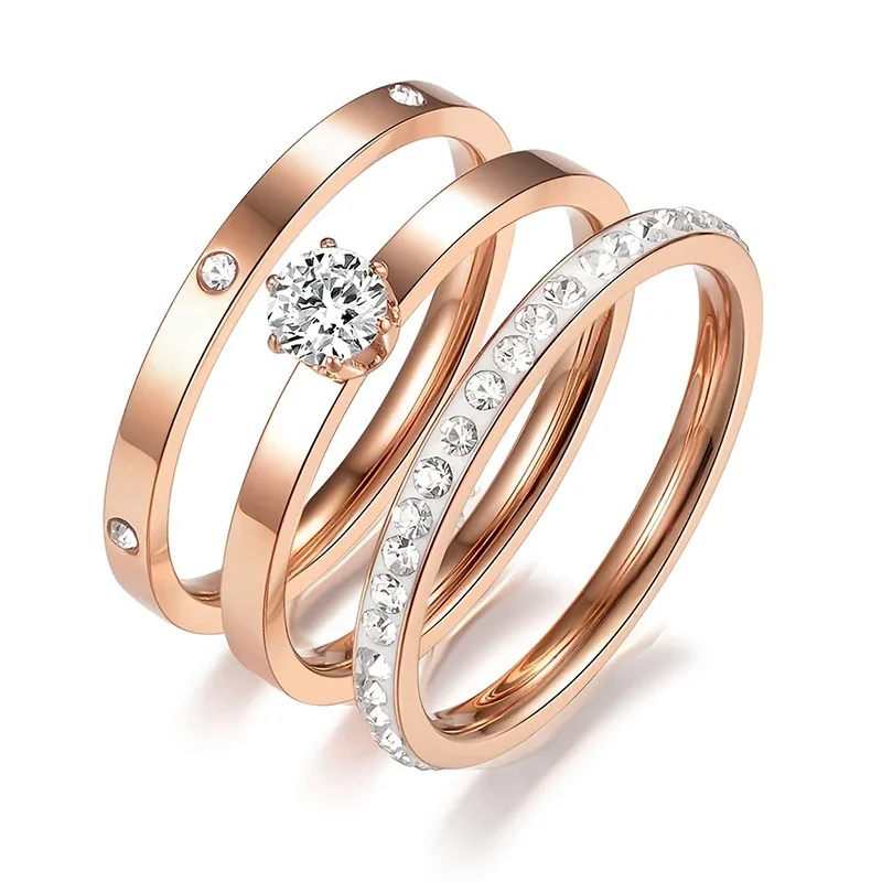 Stainless Steel Ring Set with Solitaire and Pavé Cubic Zirconia - Rose Gold