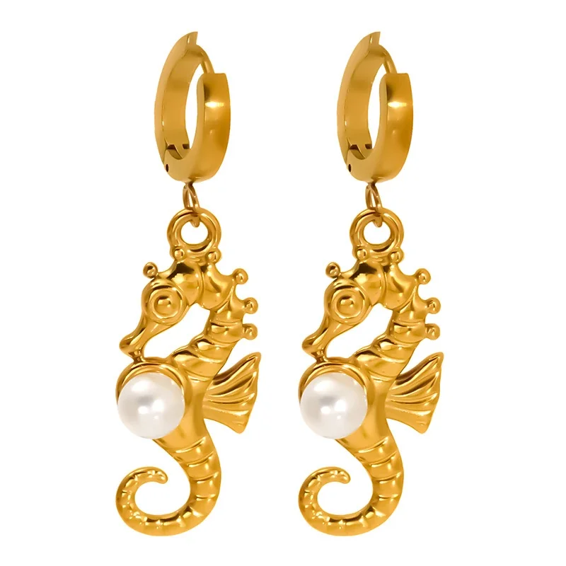 Whimsical Gold-Tone Huggie Hoop Pearl-Effect Drop Earrings
