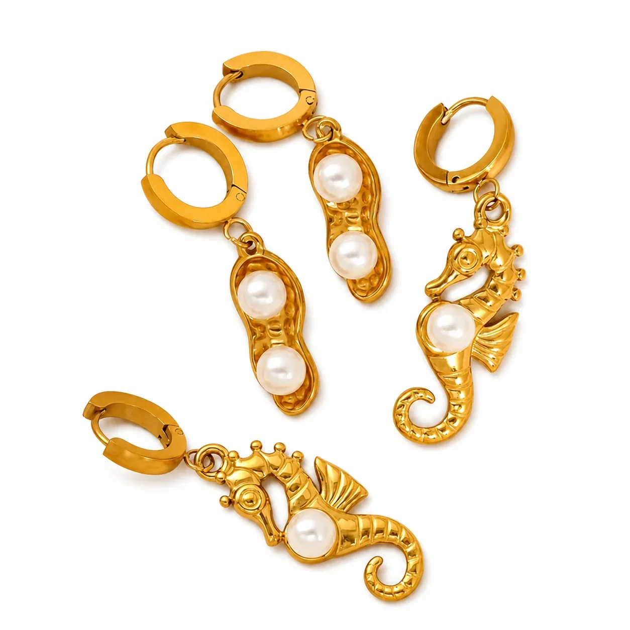 Whimsical Gold-Tone Huggie Hoop Pearl-Effect Drop Earrings