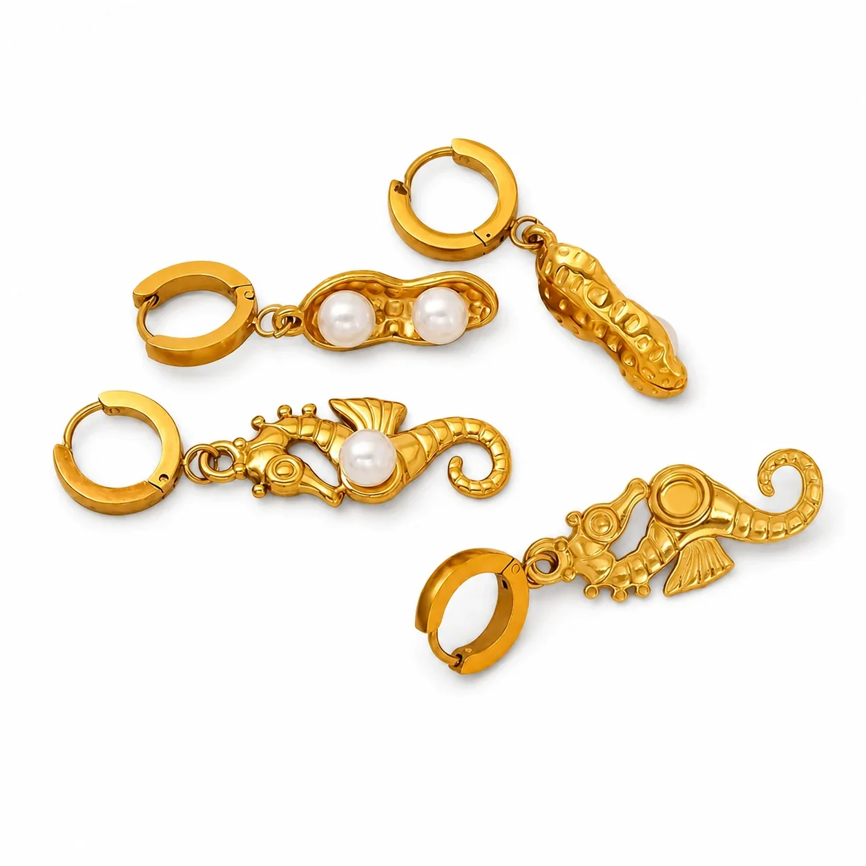 Whimsical Gold-Tone Huggie Hoop Pearl-Effect Drop Earrings