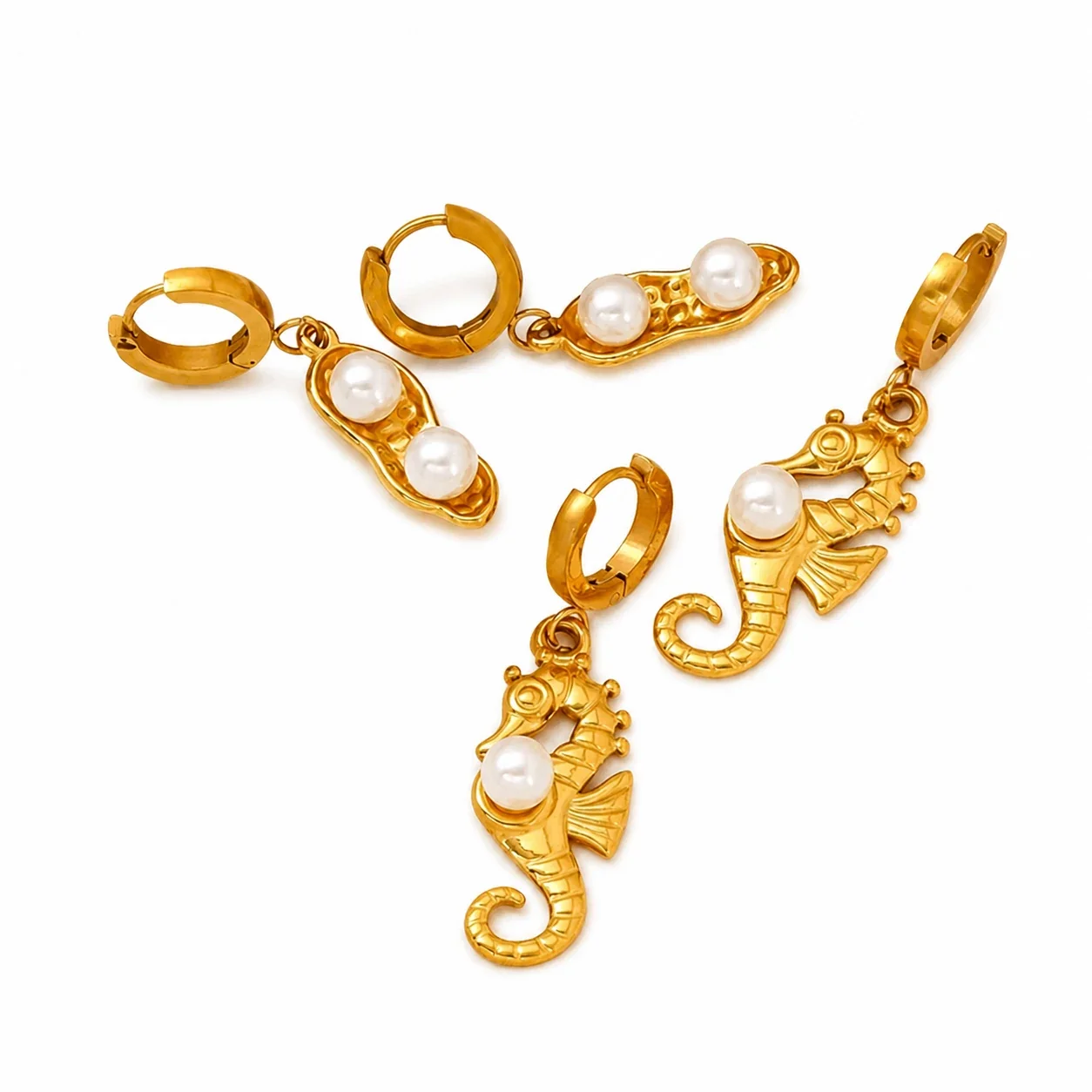 Whimsical Gold-Tone Huggie Hoop Pearl-Effect Drop Earrings