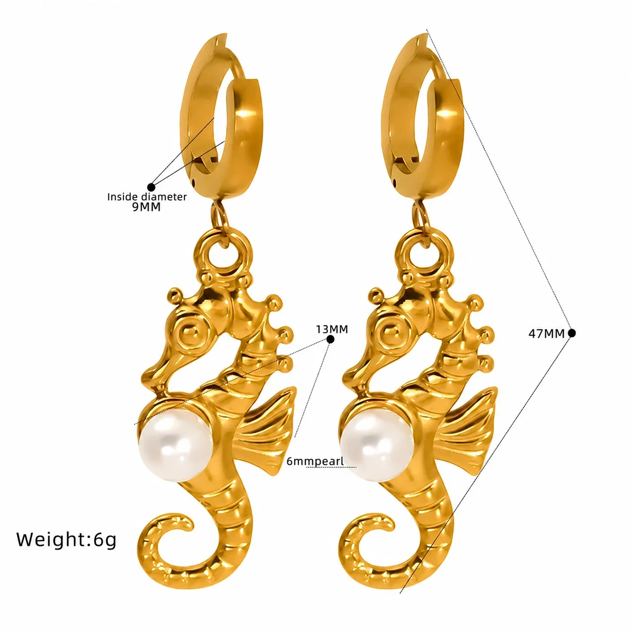 Whimsical Gold-Tone Huggie Hoop Pearl-Effect Drop Earrings - Gold Seahorse Pearl-Effect