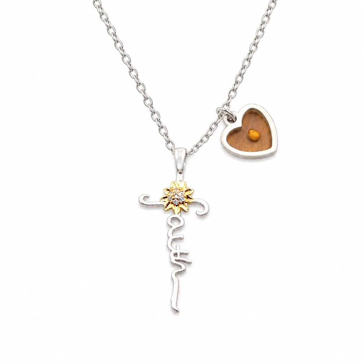 Faith Script 316 Stainless Steel Sunflower Heart Necklace
