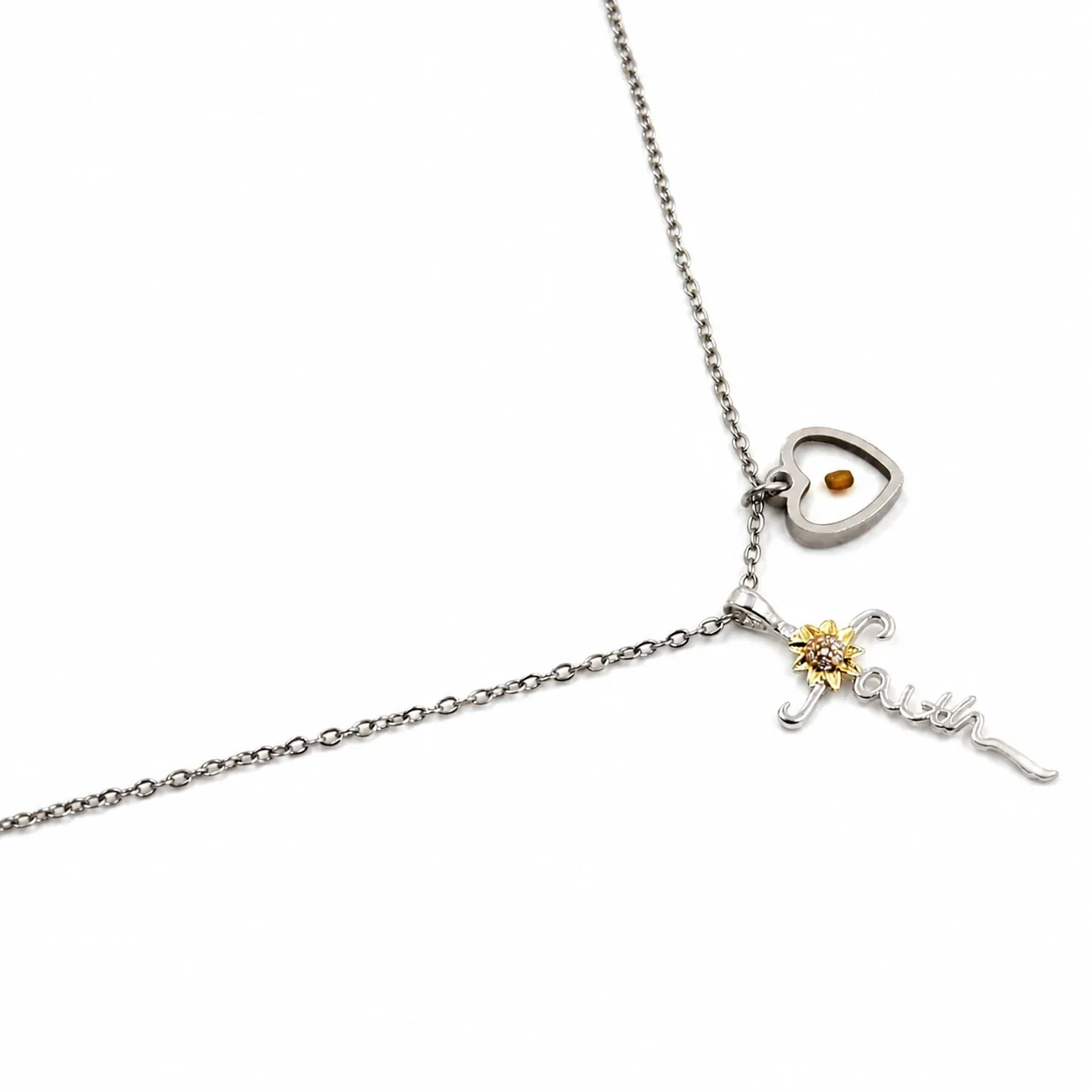 Faith Script 316 Stainless Steel Sunflower Heart Necklace