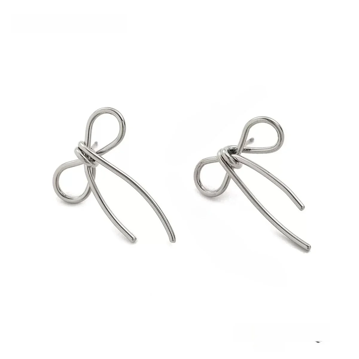 Sweet Bowknot 316 Stainless Steel Loop Ribbon Stud Earrings - Silver