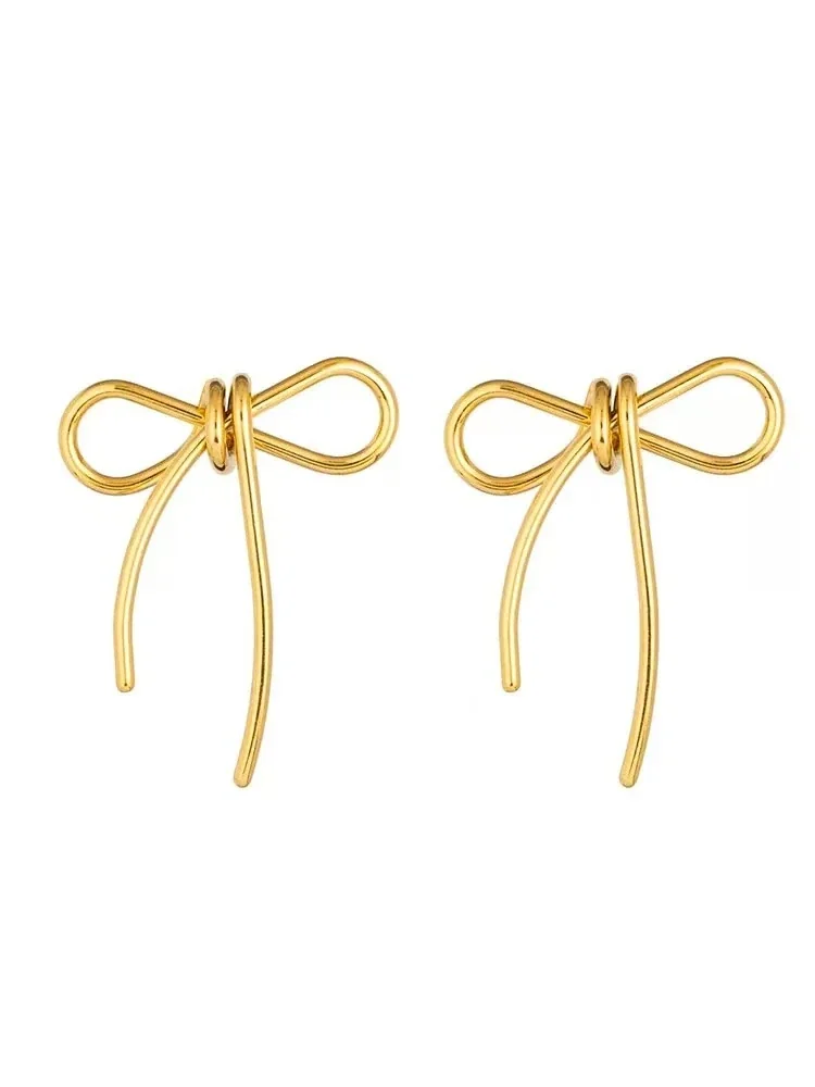 Sweet Bowknot 316 Stainless Steel Loop Ribbon Stud Earrings - Gold