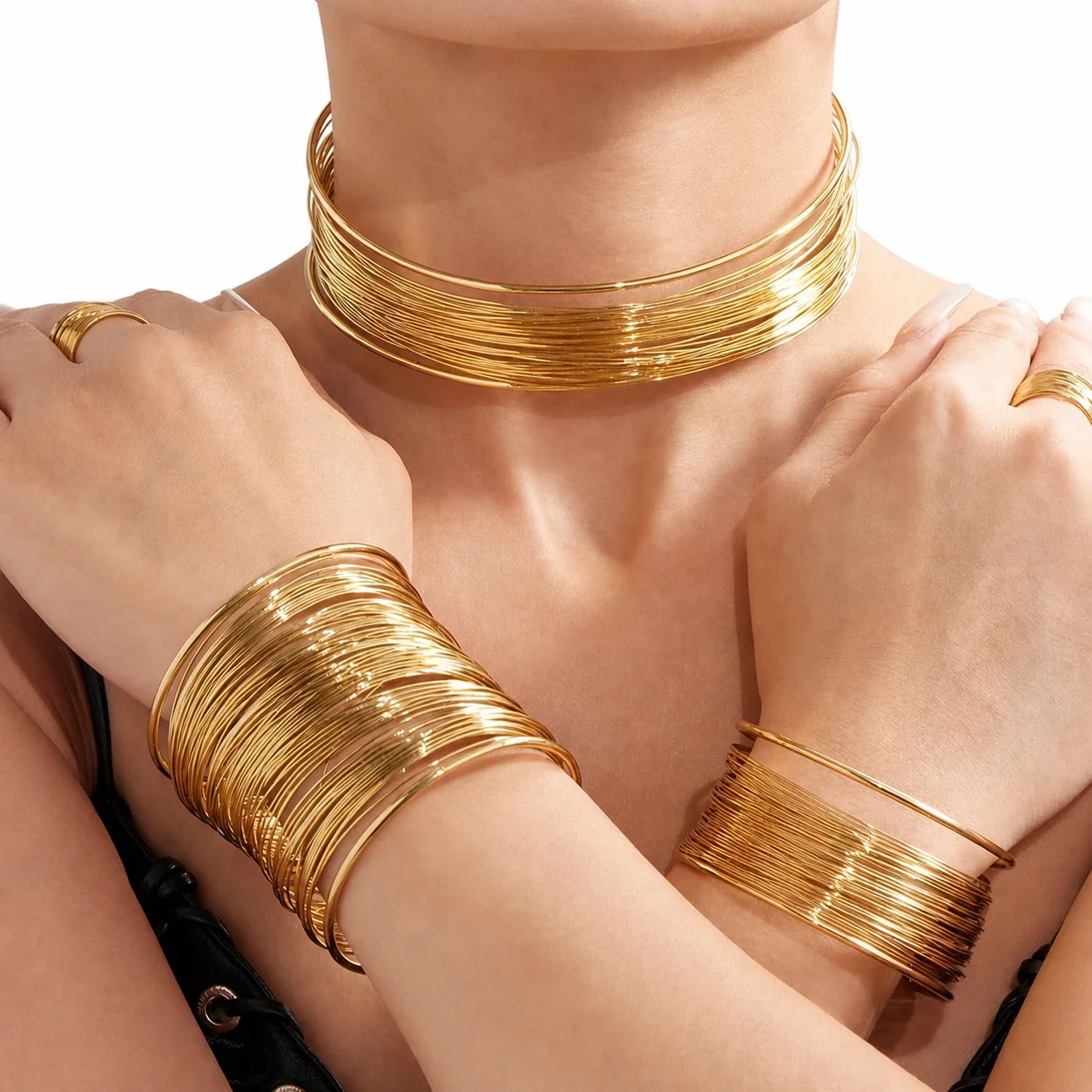 Sculptural Stainless Steel Multi-Wire Collar Cuff Set