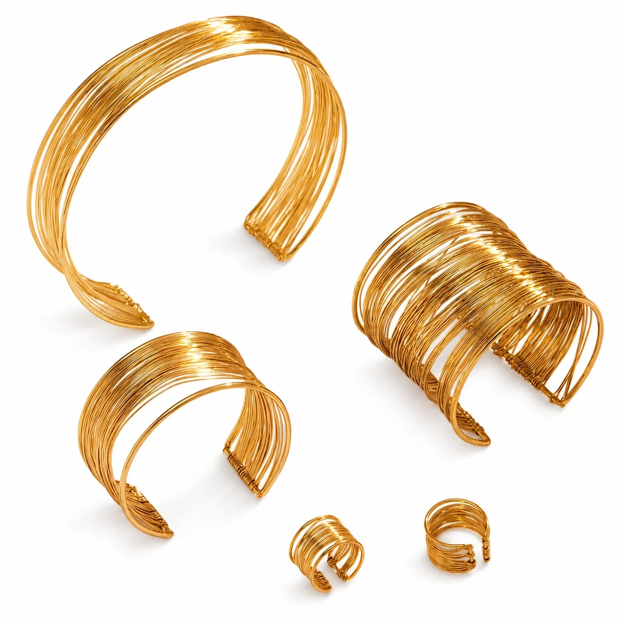 Sculptural Stainless Steel Multi-Wire Collar Cuff Set