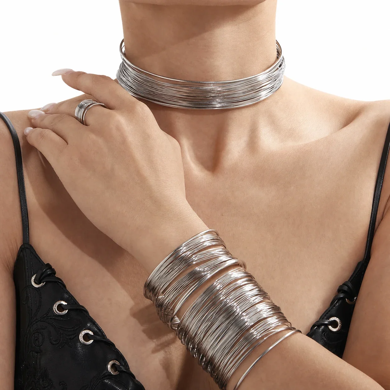 Sculptural Stainless Steel Multi-Wire Collar Cuff Set