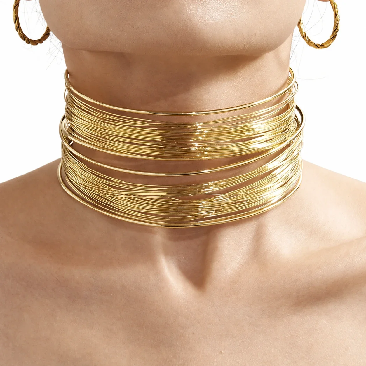 Sculptural Stainless Steel Multi-Wire Collar Cuff Set