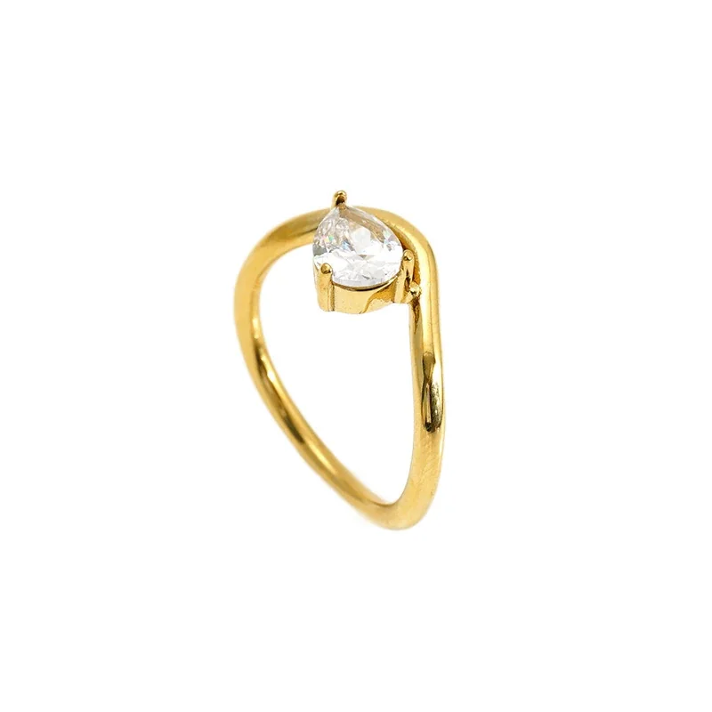 Ring Pear-Cut Cubic Zirconia Sweep 316 Stainless Steel 14K Gold PVD