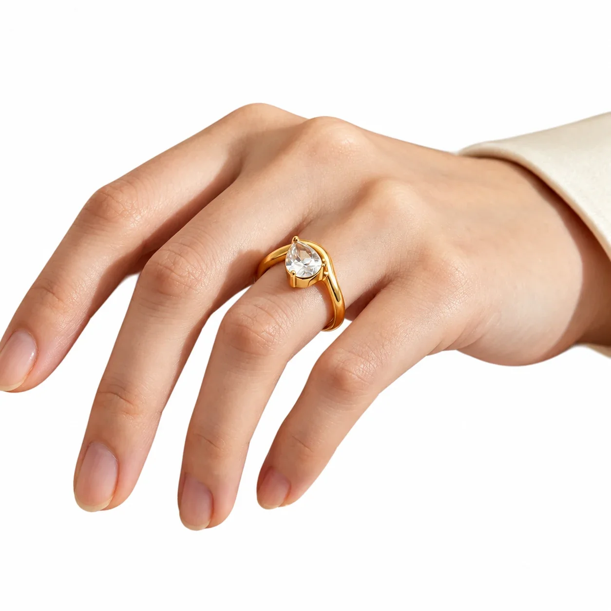 Ring Pear-Cut Cubic Zirconia Sweep 316 Stainless Steel 14K Gold PVD