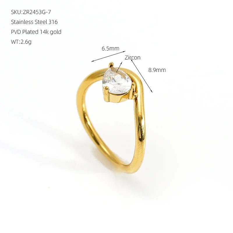 Ring Pear-Cut Cubic Zirconia Sweep 316 Stainless Steel 14K Gold PVD - Gold