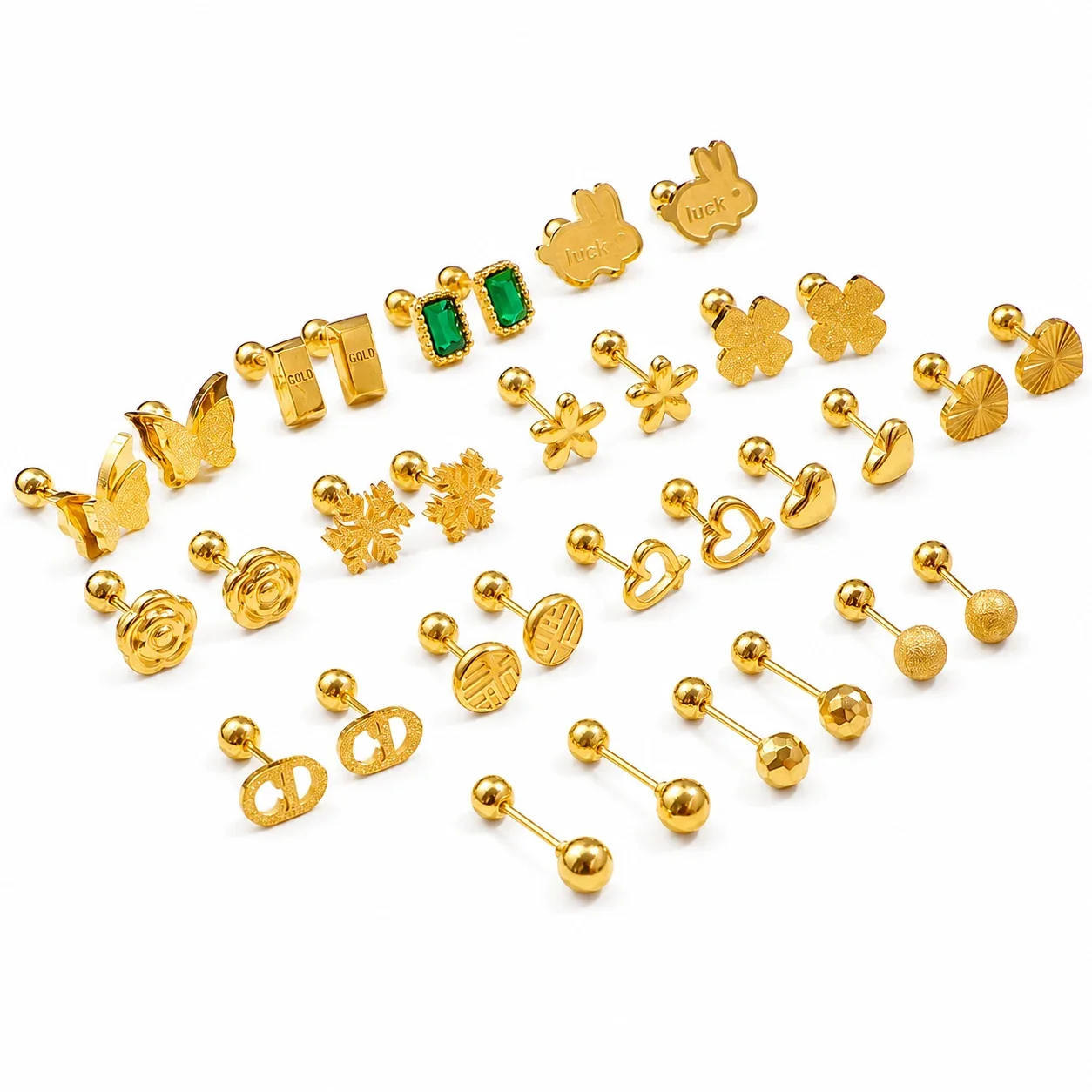 Gold-Plated Stainless Steel Heart Clover Ball Stud Earrings