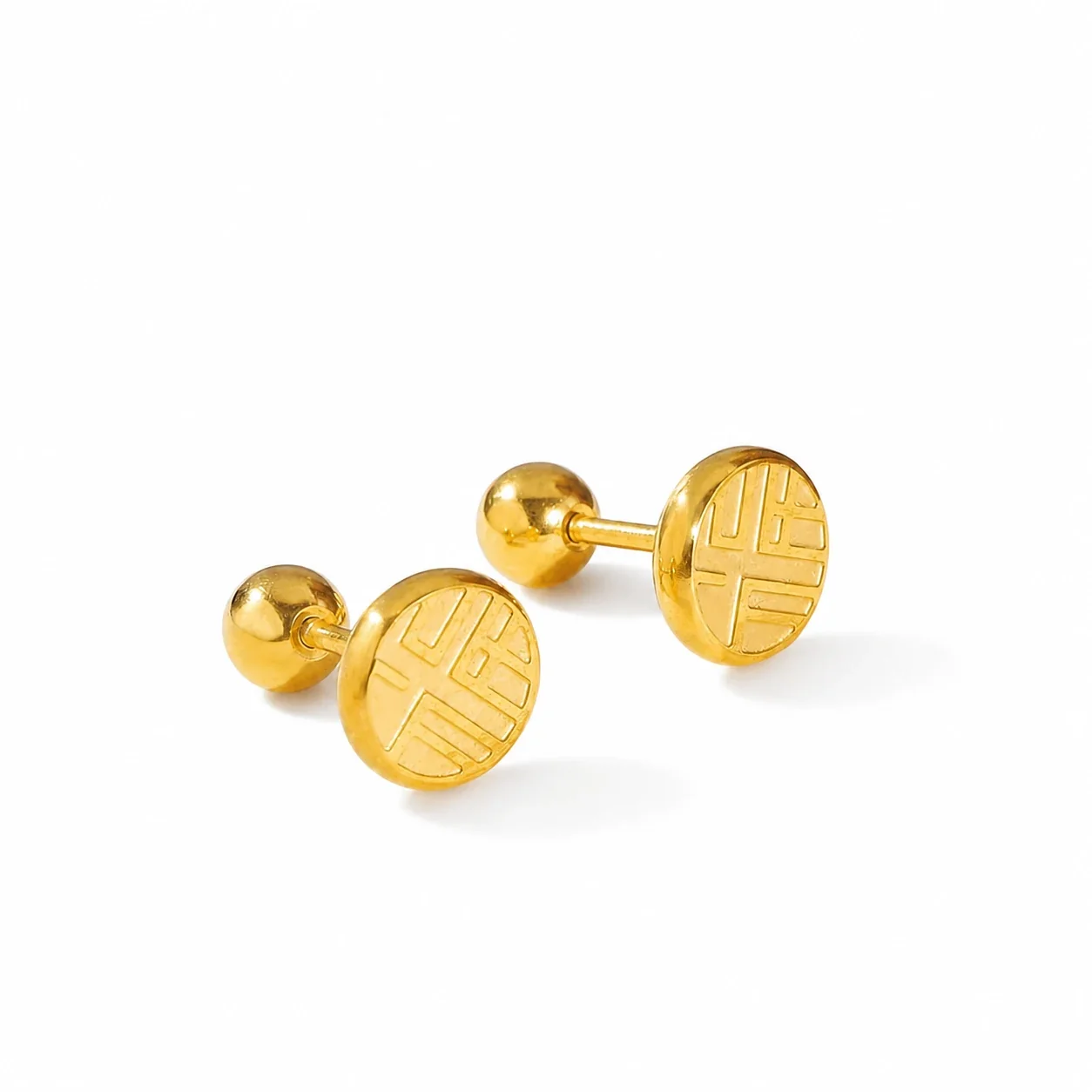 Gold-Plated Stainless Steel Heart Clover Ball Stud Earrings - Gold Fu Character Stud