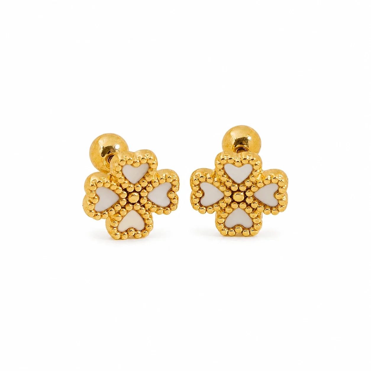 Gold-Plated Stainless Steel Heart Clover Ball Stud Earrings - White Shell-Effect Heart Flower Stud