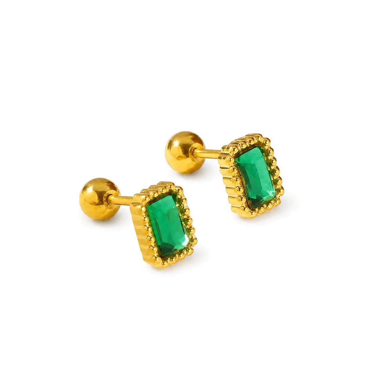 Gold-Plated Stainless Steel Heart Clover Ball Stud Earrings - Gold Green Crystal Stud