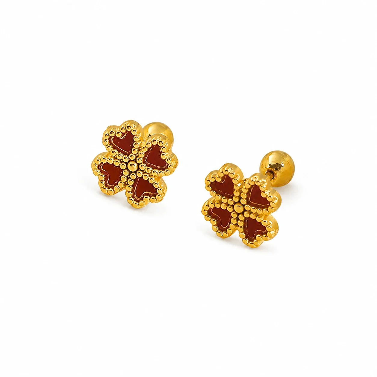 Gold-Plated Stainless Steel Heart Clover Ball Stud Earrings - Red Shell-Effect Heart Flower Stud