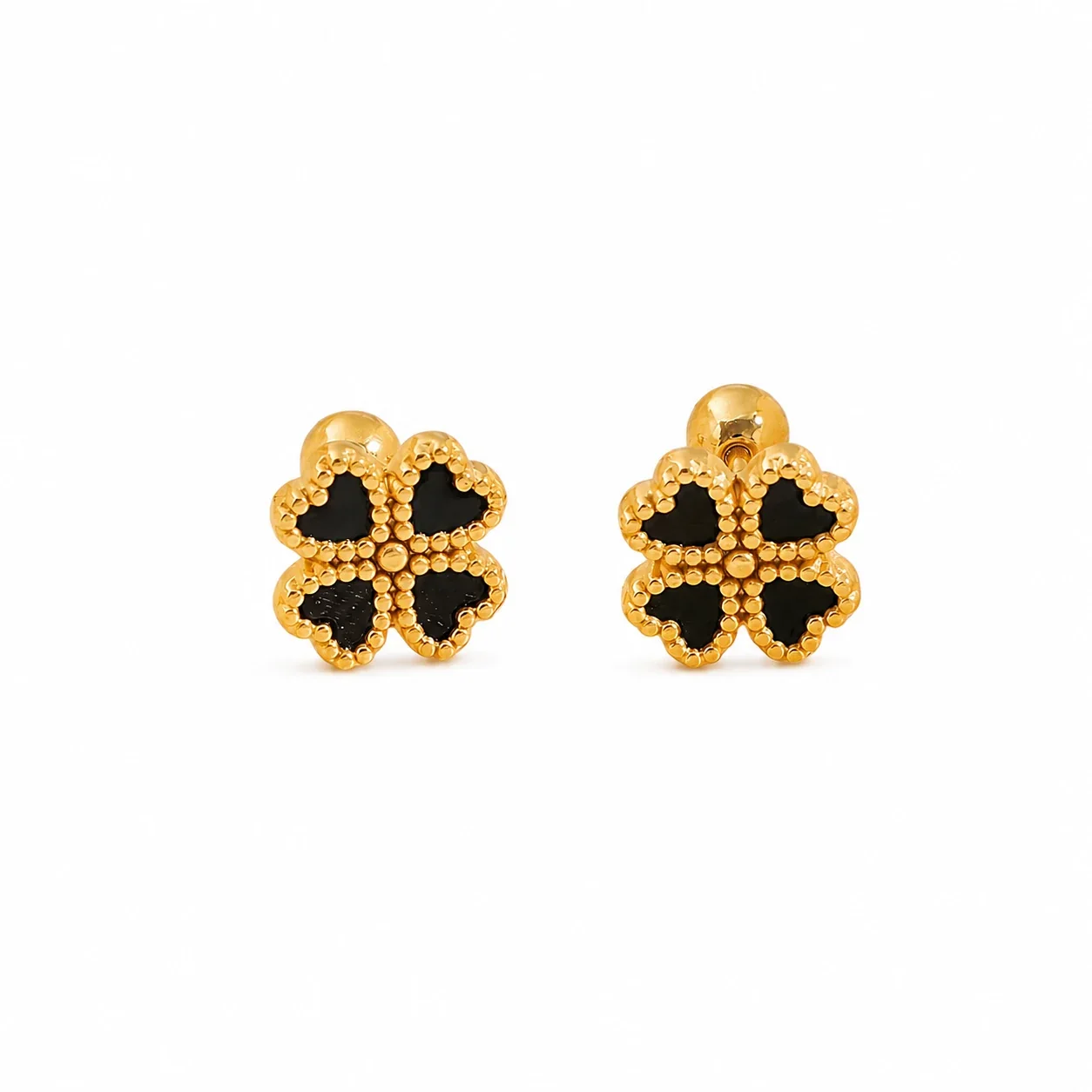 Gold-Plated Stainless Steel Heart Clover Ball Stud Earrings - Black Shell-Effect Heart Flower Stud