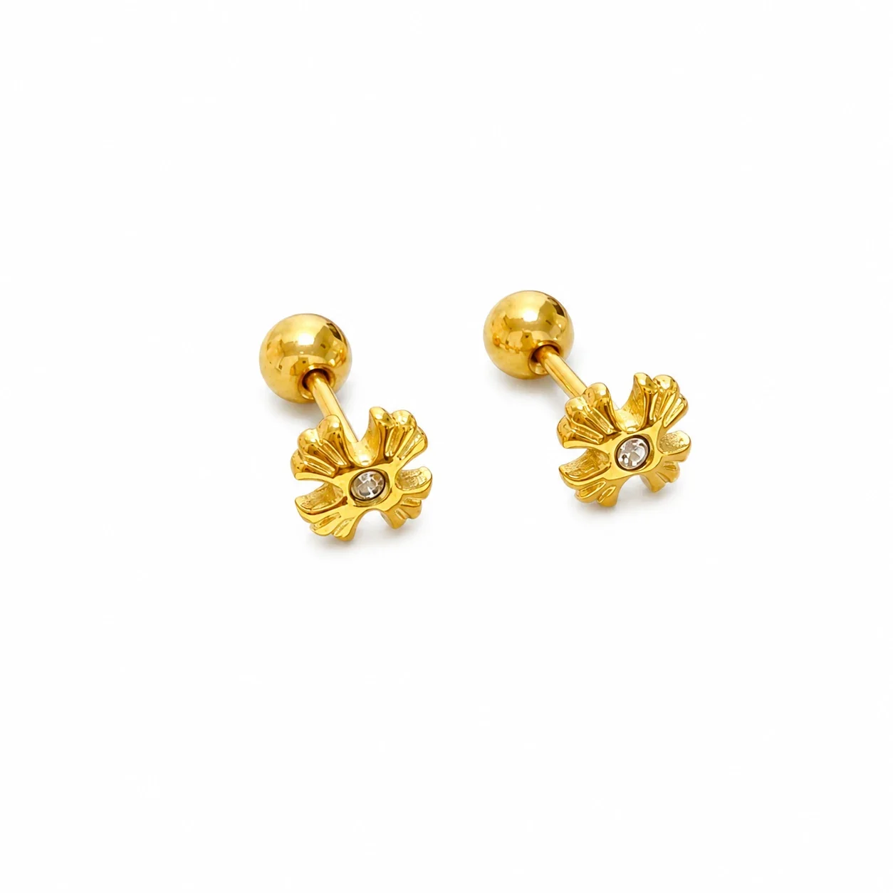 Gold-Plated Stainless Steel Heart Clover Ball Stud Earrings - Clear Crystal Cross Flower Stud