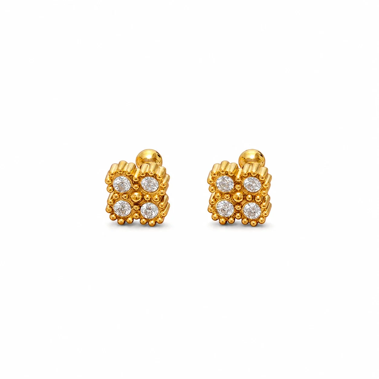 Gold-Plated Stainless Steel Heart Clover Ball Stud Earrings - Gold Clear Crystal Square Flower Stud