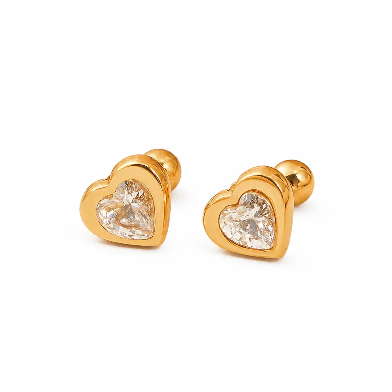 Gold-Plated Stainless Steel Heart Clover Ball Stud Earrings - Gold Clear Crystal Heart Stud