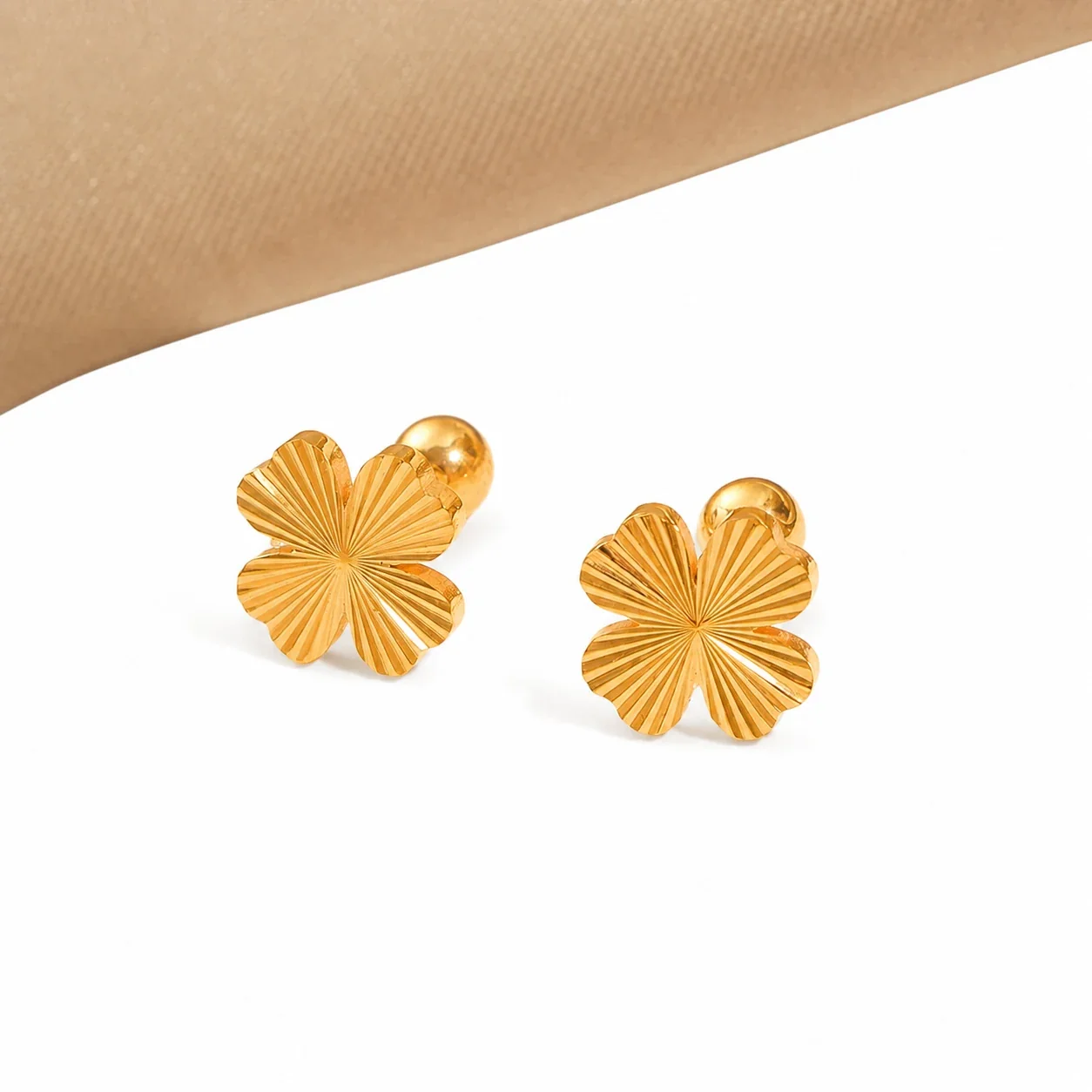 Gold-Plated Stainless Steel Heart Clover Ball Stud Earrings - Gold Engraved Clover Stud