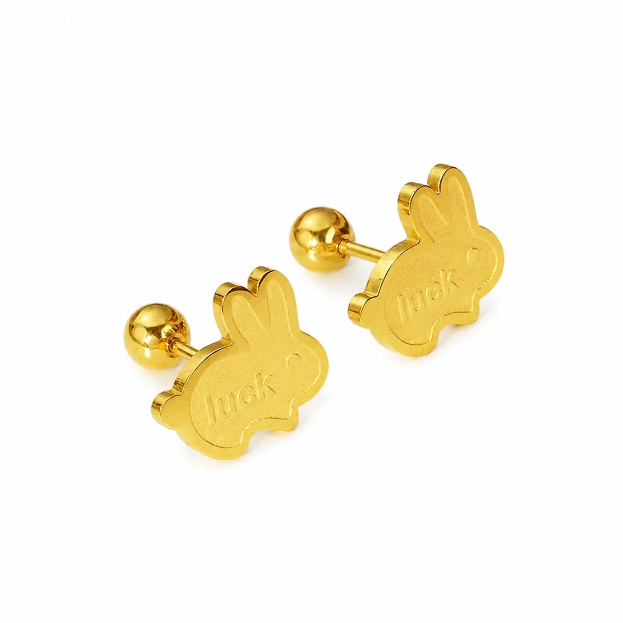 Gold-Plated Stainless Steel Heart Clover Ball Stud Earrings - Gold Luck Rabbit Stud