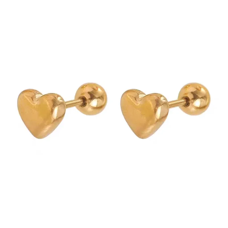 Gold-Plated Stainless Steel Heart Clover Ball Stud Earrings - Gold Screw Heart Stud