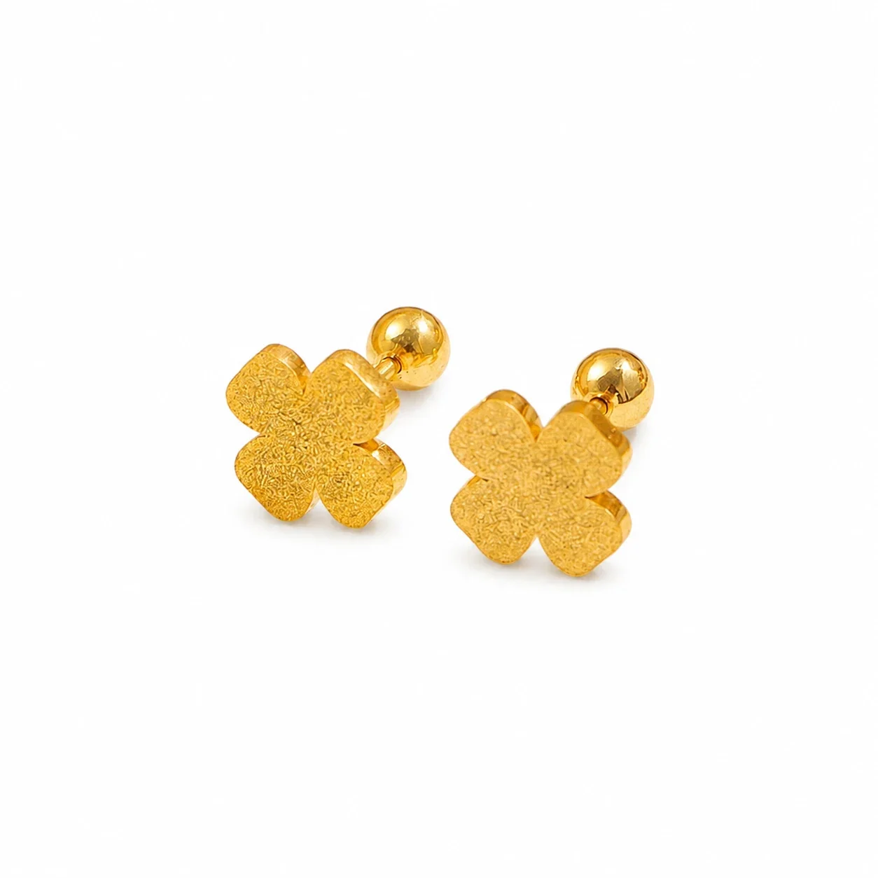 Gold-Plated Stainless Steel Heart Clover Ball Stud Earrings - Gold Matte -Leaf Clover Stud