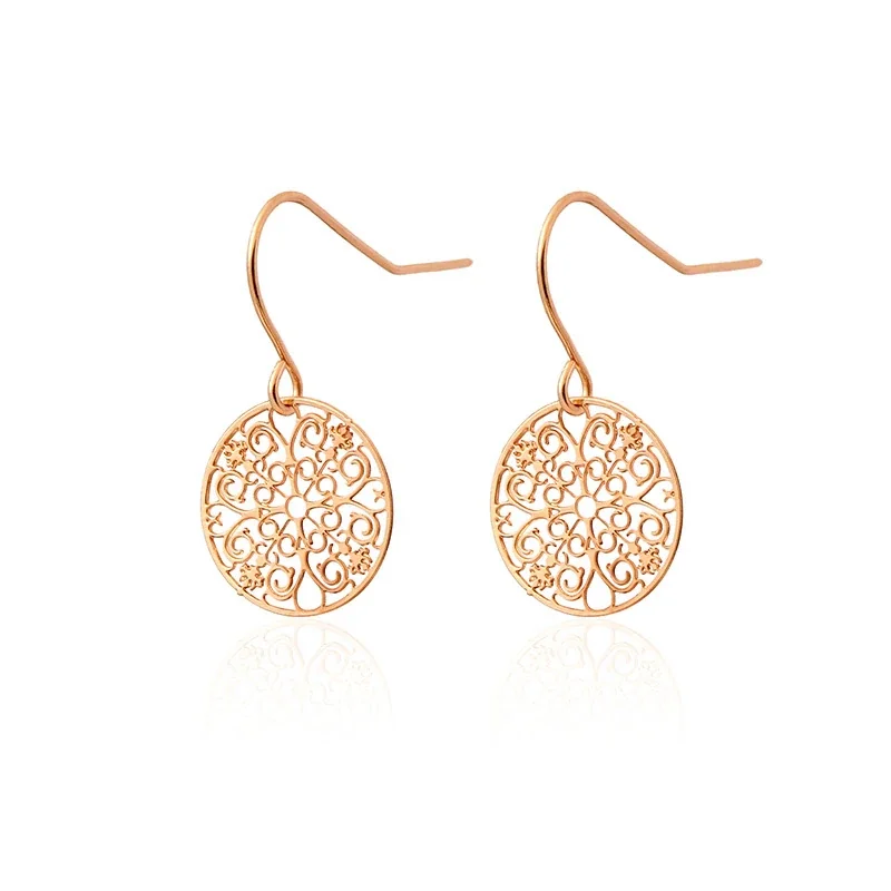 Ornate Rose Gold-Plated Stainless Steel Filigree Floral Drop Earrings