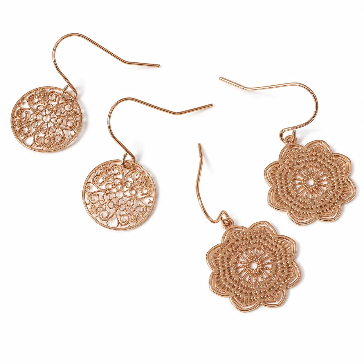 Ornate Rose Gold-Plated Stainless Steel Filigree Floral Drop Earrings