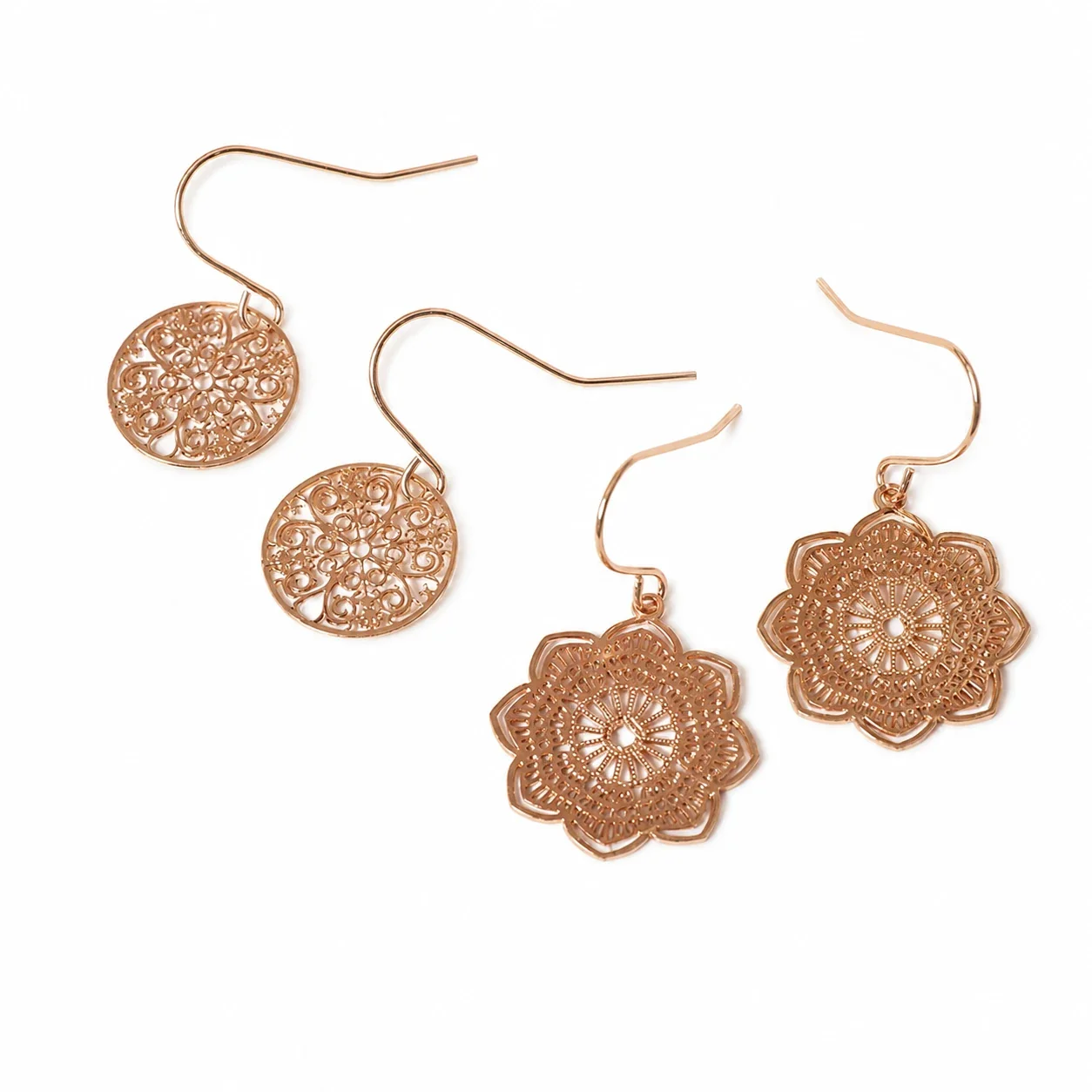 Ornate Rose Gold-Plated Stainless Steel Filigree Floral Drop Earrings