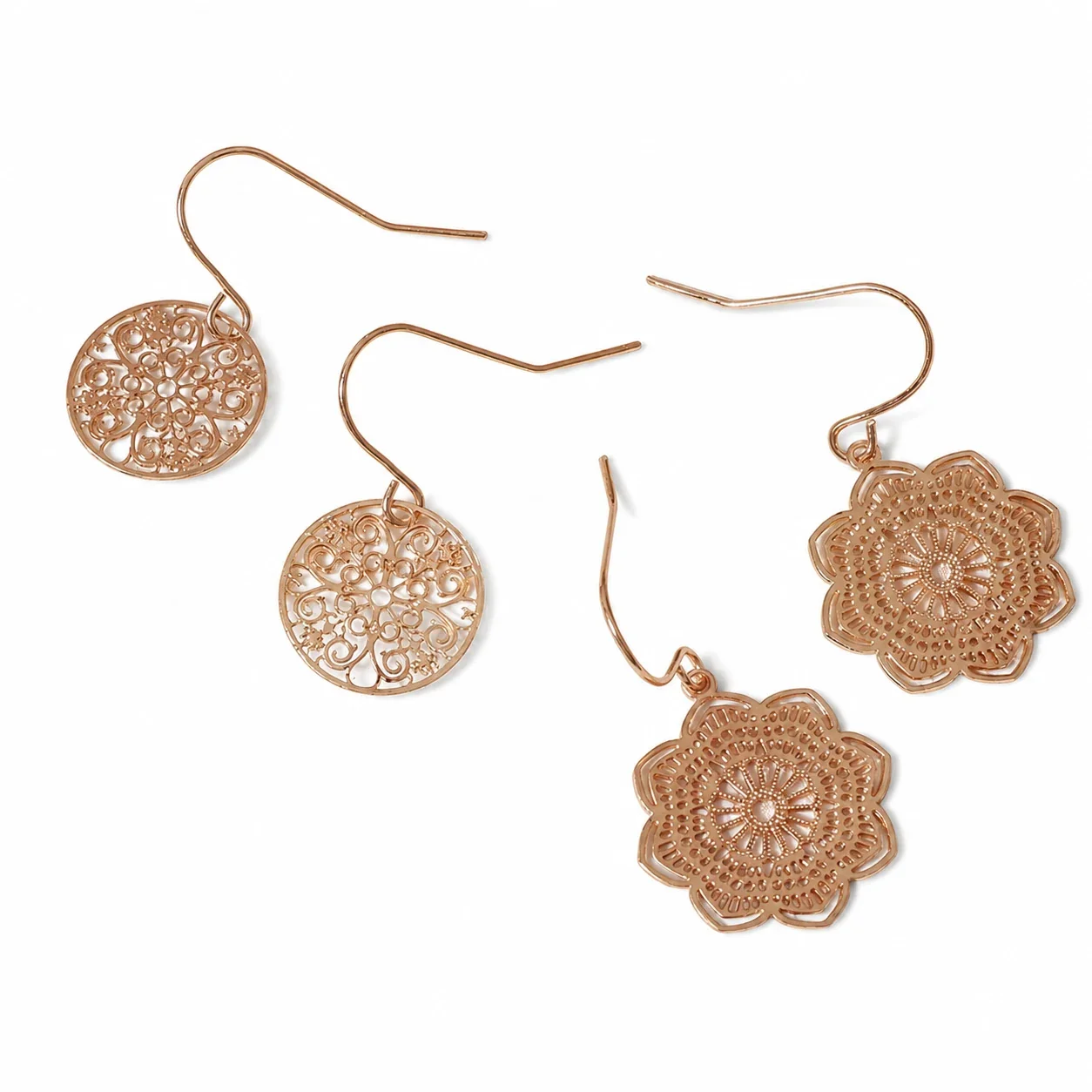 Ornate Rose Gold-Plated Stainless Steel Filigree Floral Drop Earrings