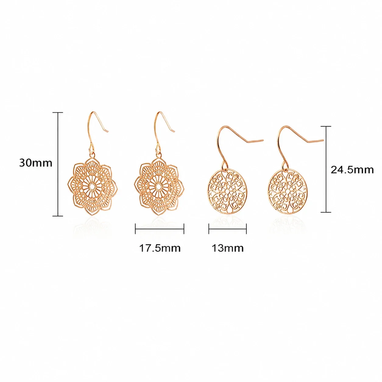 Ornate Rose Gold-Plated Stainless Steel Filigree Floral Drop Earrings
