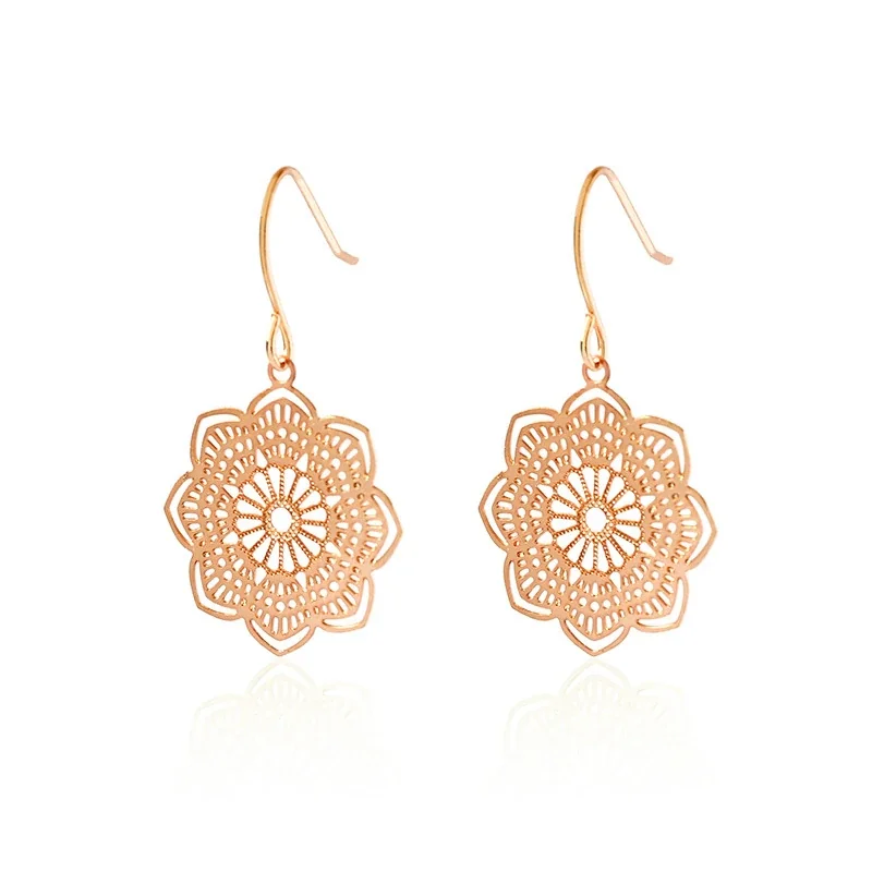 Ornate Rose Gold-Plated Stainless Steel Filigree Floral Drop Earrings - Rose Gold Floral
