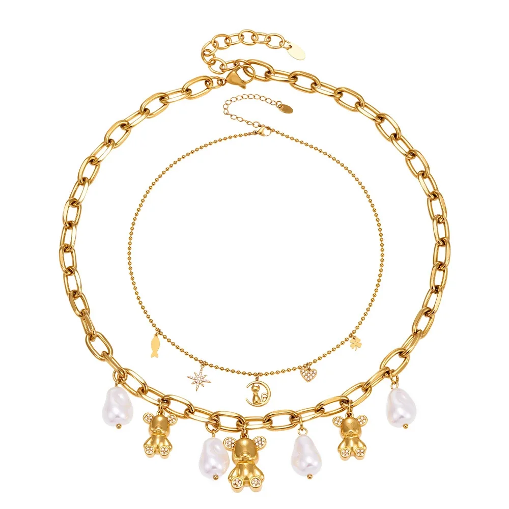 Playful 316 Gold-plated Teddy Pearl Charm Necklace