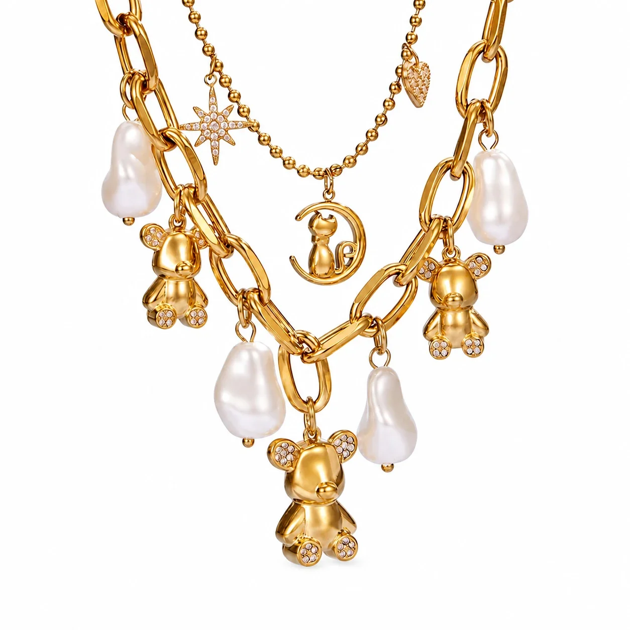 Playful 316 Gold PVD Teddy Pearl Charm Necklace