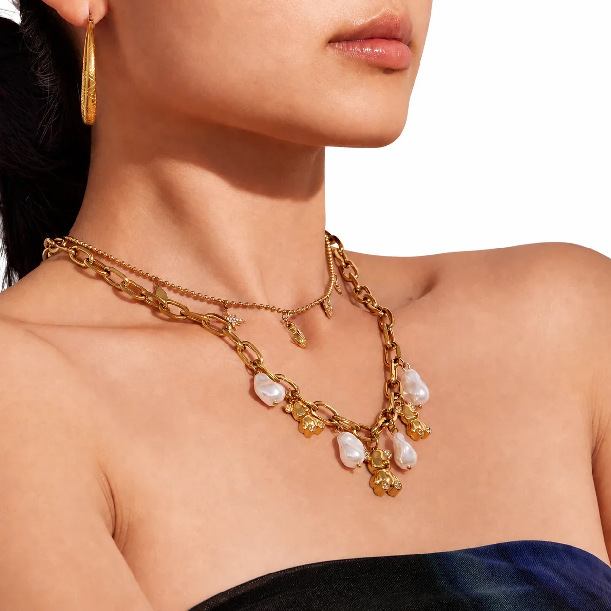 Playful 316 Gold PVD Teddy Pearl Charm Necklace