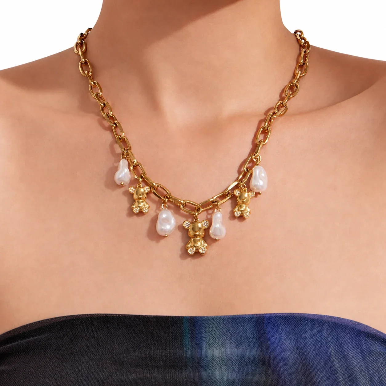 Playful 316 Gold PVD Teddy Pearl Charm Necklace